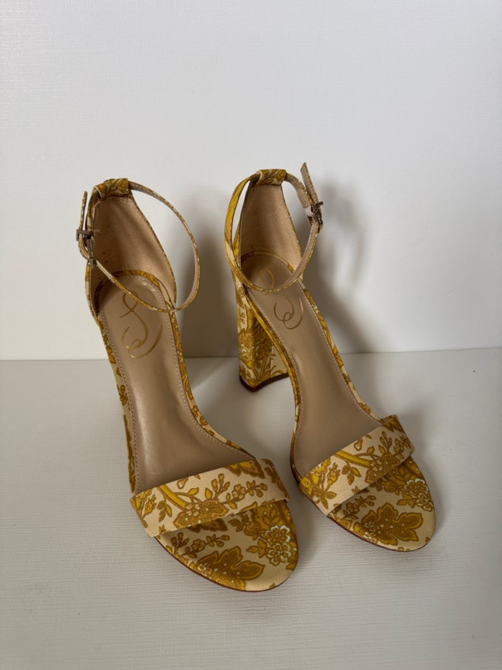 Sam Edelman Yellow Floral Jacquard Ankle-Strap Block Heels